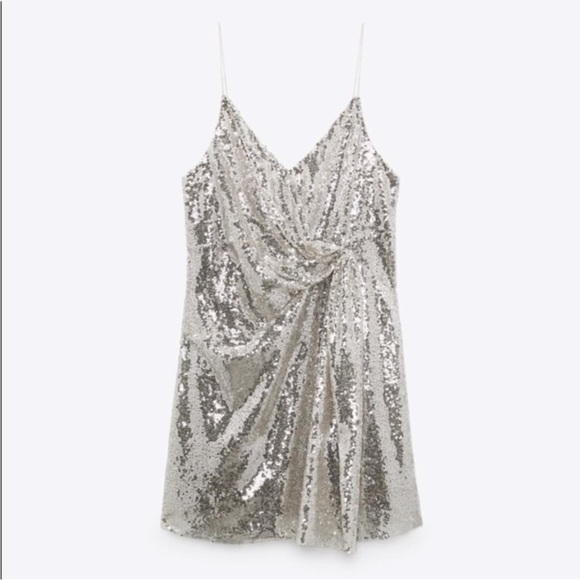 Zara Silver Sequin Faux Wrap Dress medium - Picture 7 of 16